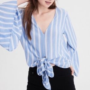 AEO Blue White Striped Bell Sleeve Tie Front Top